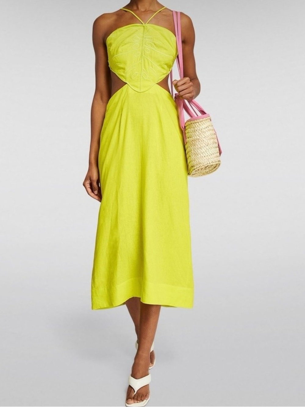 FARM Rio Neon Lime Backless Cutout Midi Dress